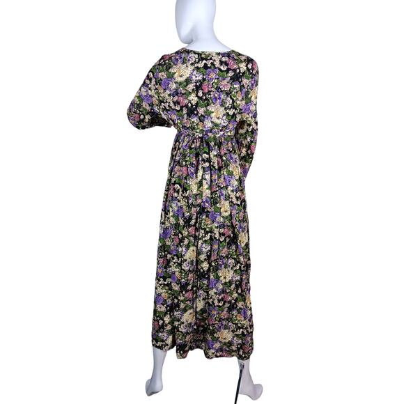 Vintage 90s Basics Floral Maxi Dress Large Long Sleeve Floral Print Purple Cream - Picture 5 of 10